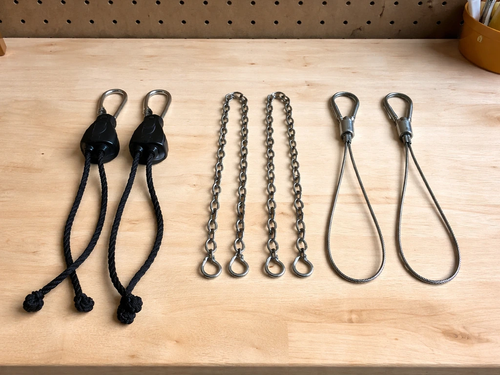 Side-by-side view of rope ratchet hangers, jack chain with S-hooks, and fixed cable hardware on a table.