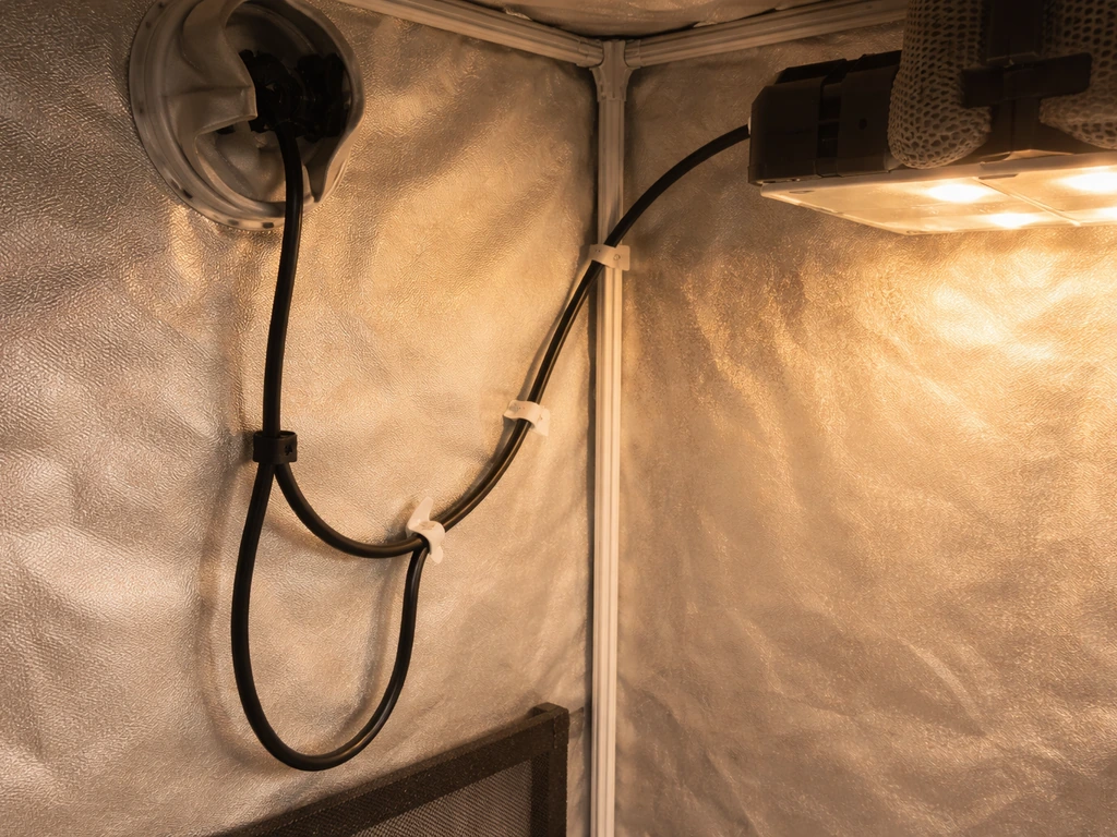 Power cord making a drip loop inside a grow tent, routed with cable clips away from warm surfaces