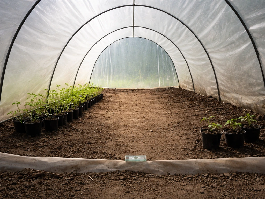 Greenhouse tunnel showing uneven canopy brightness and stressed seedlings at the edges, with a small floor level.
