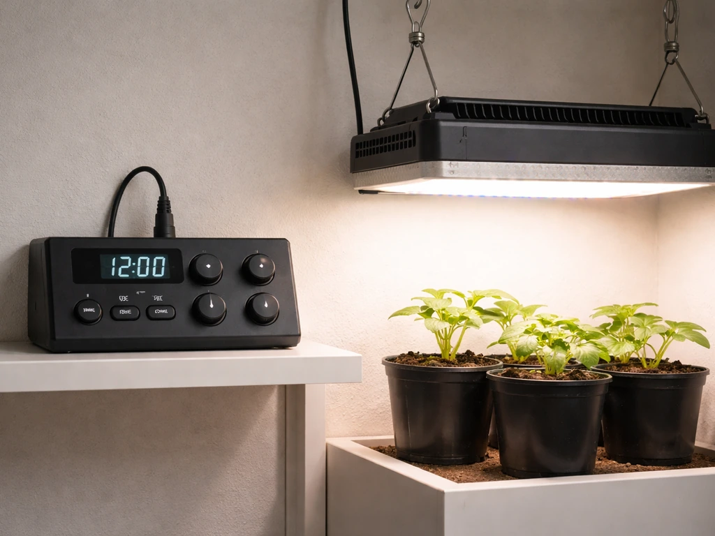 Lordem grow light controller with visible timer knobs beside a grow light over healthy indoor plants