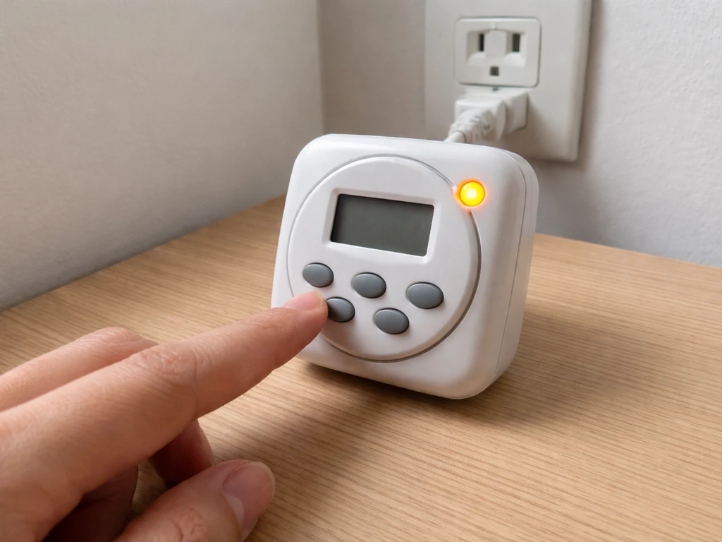 Close-up of a digital timer controller with an amber indicator light, finger near the buttons on a desk.