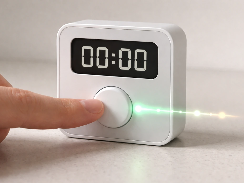 Close-up of a device timer button and indicator light glowing as it turns on, with a simple light-timing timeline.