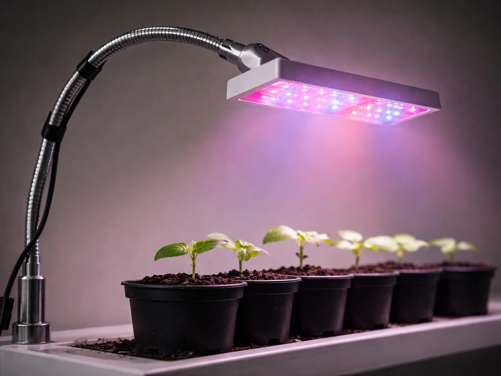 Leoter LED grow light above potted seedlings with visible adjustable gooseneck arm and illuminated head