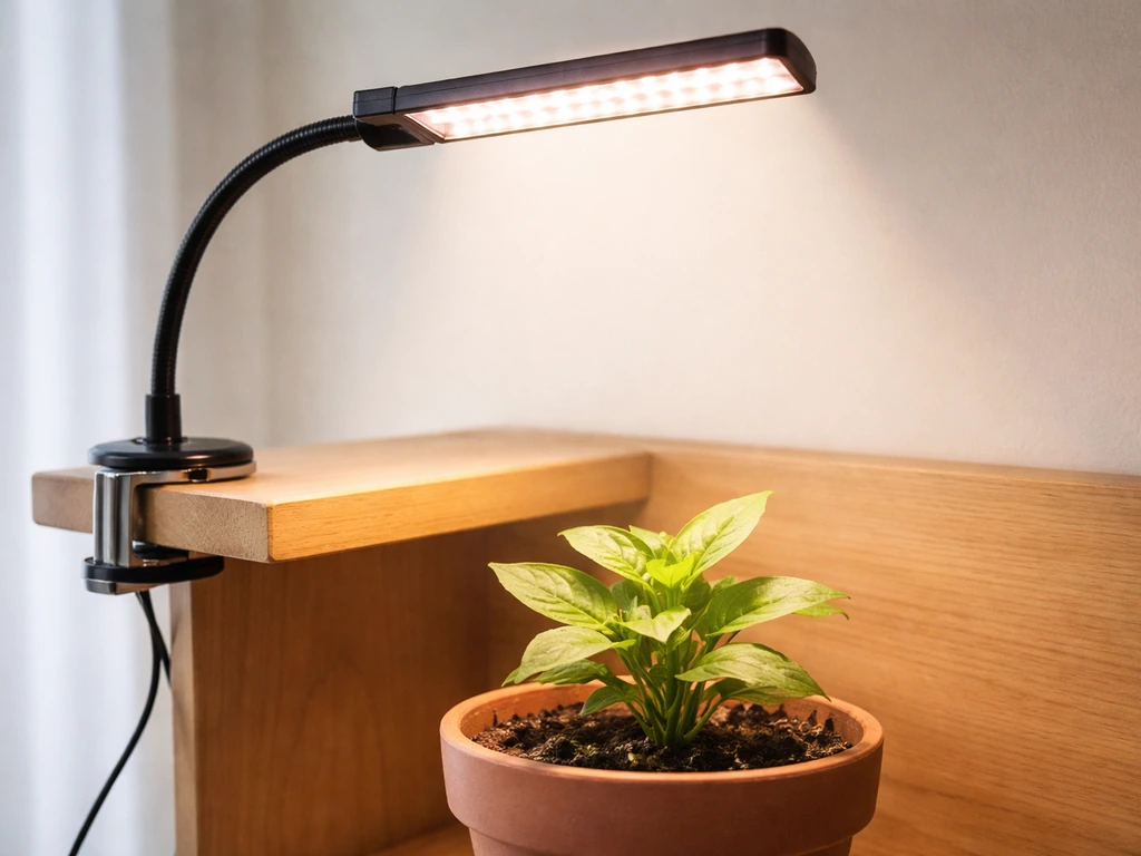 Desktop grow light clamped to a shelf edge, gooseneck bent over a plant at 30–45 cm.