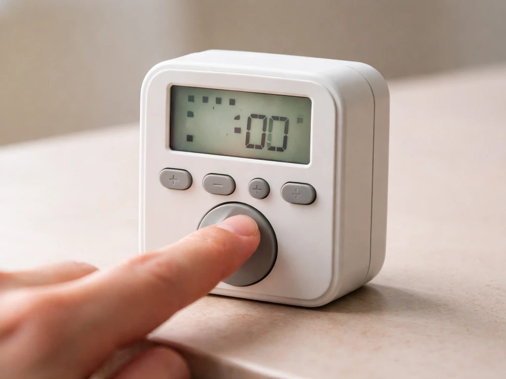 Close-up of a hand long-pressing a timer button; LCD shows scheduling mode on a small device