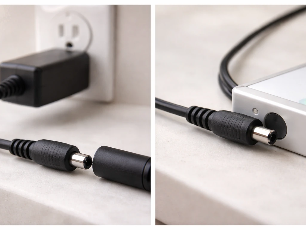 Close-up of an LED grow light power adapter unplugged and re-seated into wall and controller DC port