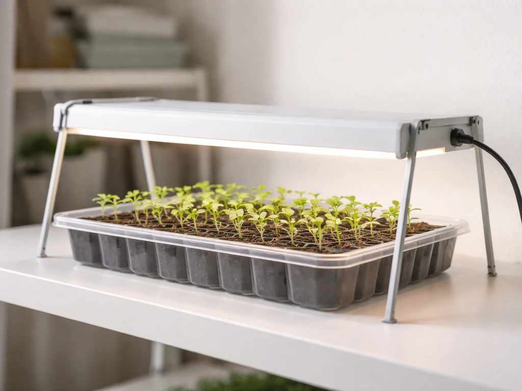 Indoor grow-light setup with a canopy over a seedling tray, showing an indoor garden system.