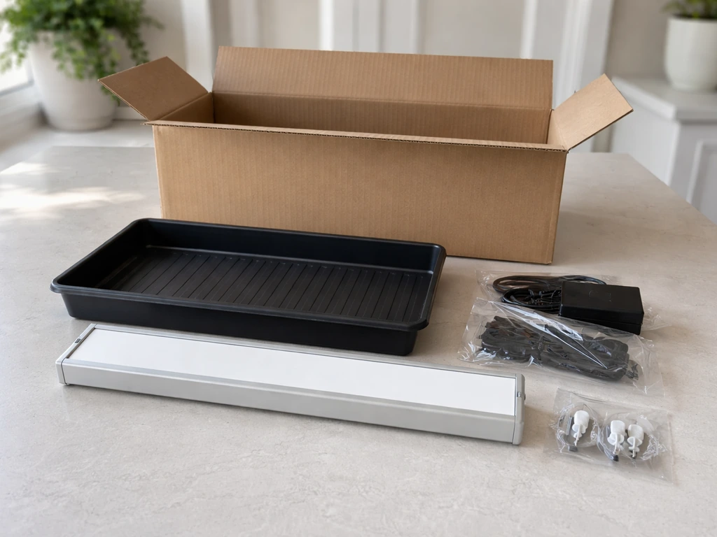Growlight Garden parts laid out on a clean table: tray, canopy light module, and accessories before assembly.