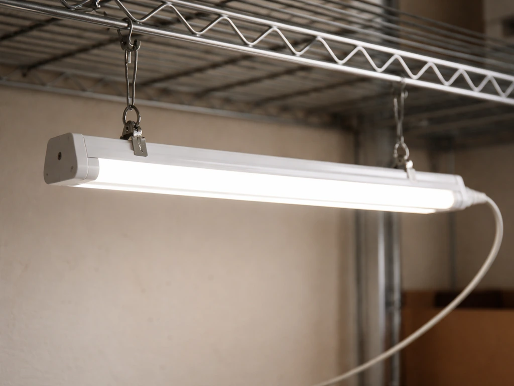 T5HO strip light mounted horizontally with hanging clips from a wire rack shelf