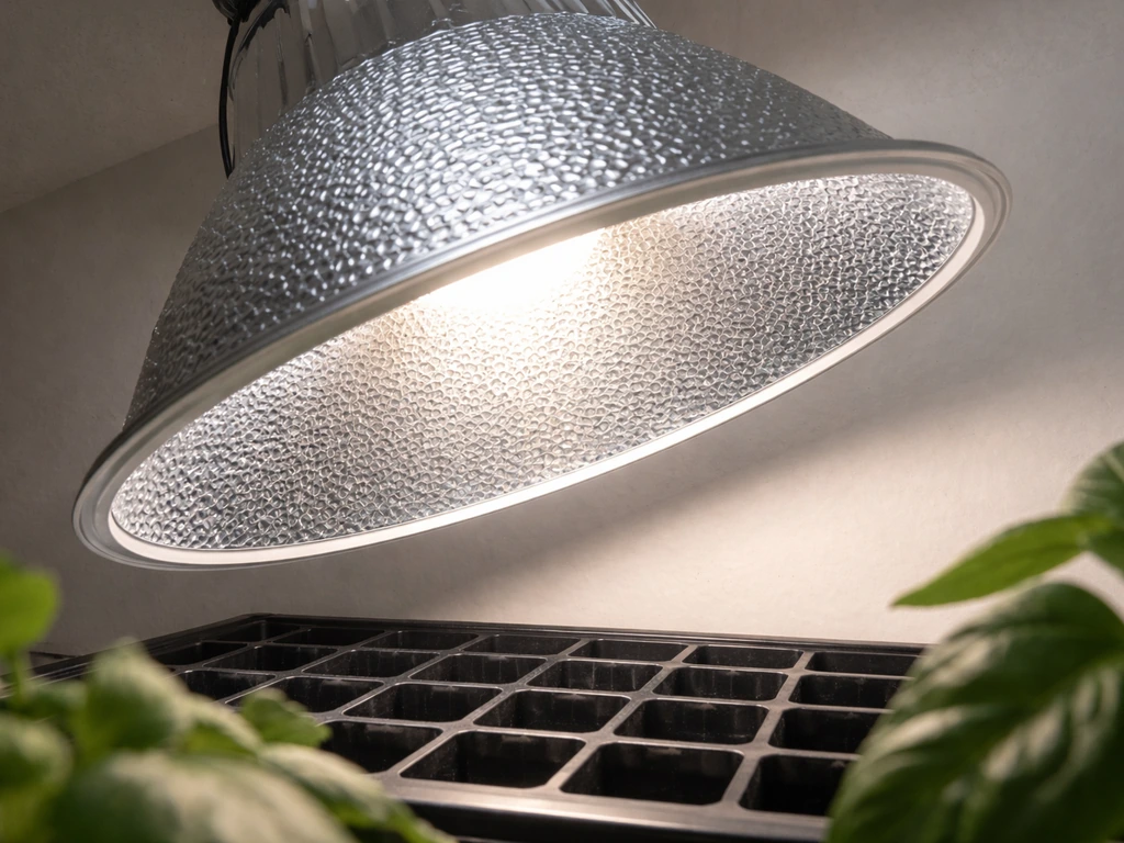 Close-up of a grow light NanoTech reflector angled over a tray, highlighting reflective coverage.