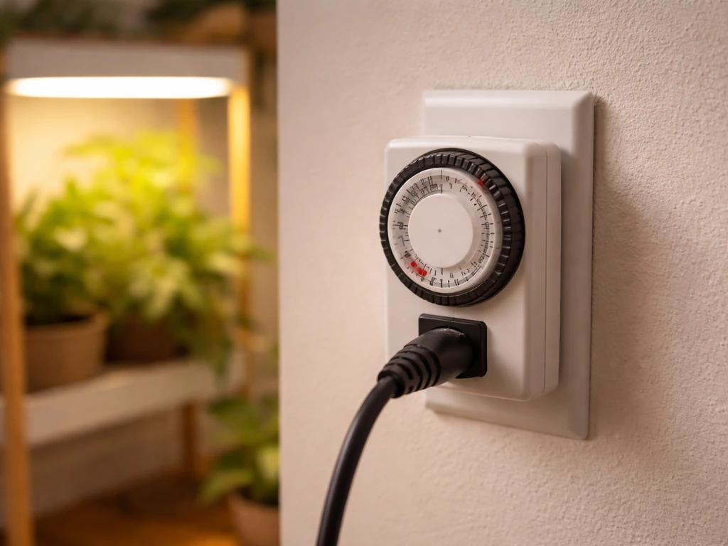 Analog outlet timer set for daily light timing beside a glowing grow light for indoor plants.