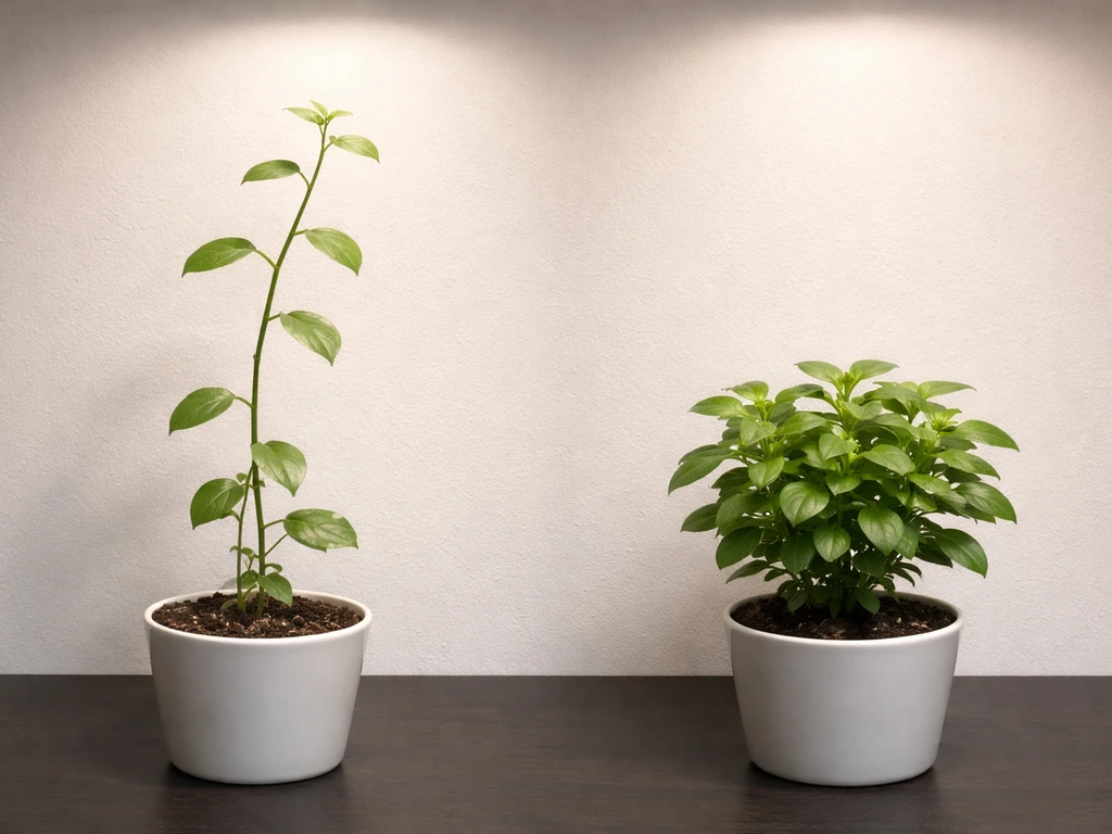 Two potted houseplants under different light setups, one leggy and stretched, the other compact and leafy.