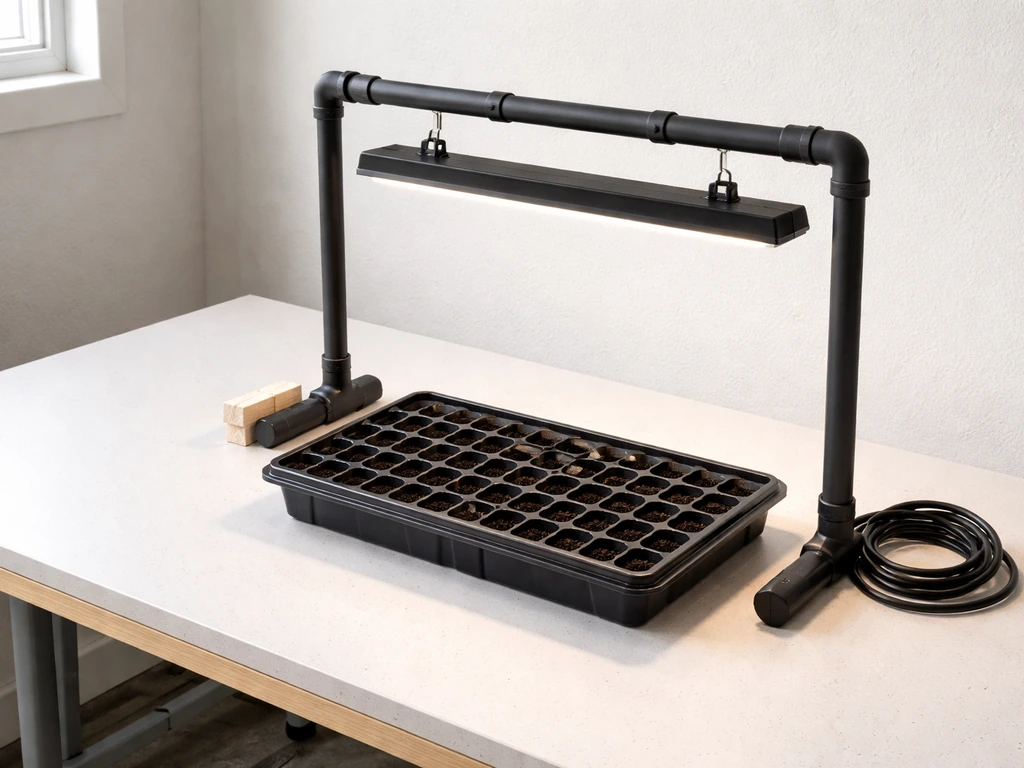 Top-down view of a simple DIY grow light stand mock-up with seedling tray and measured spacing