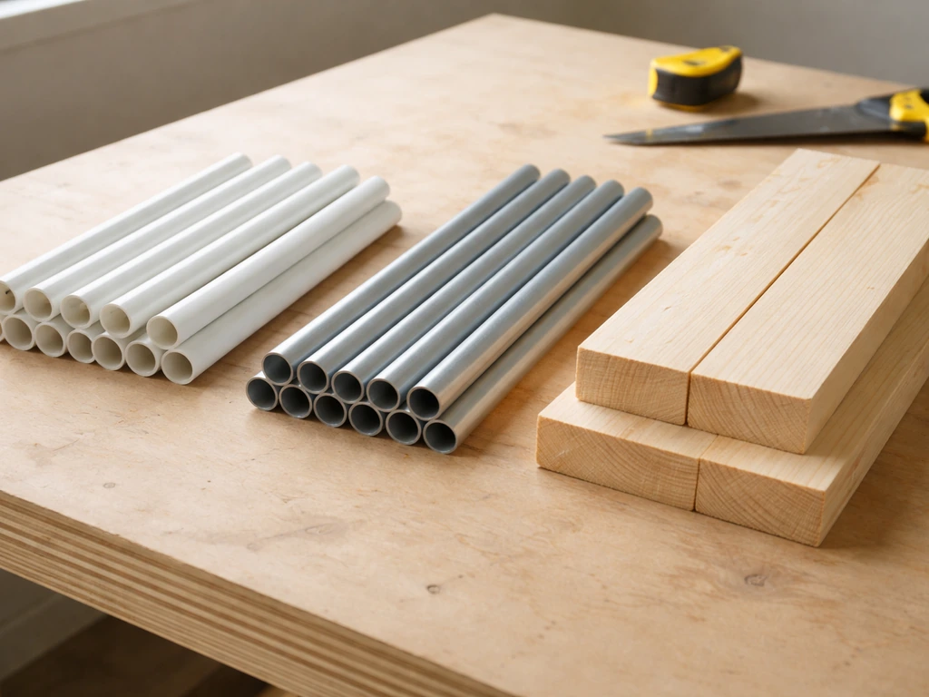 PVC pipe, EMT conduit, and lumber pieces arranged side-by-side on a workbench for a DIY stand build.
