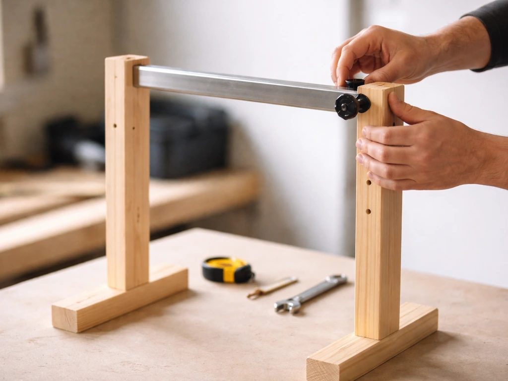 Hands attach a metal crossbar to two cut uprights, assembling an adjustable stable stand.