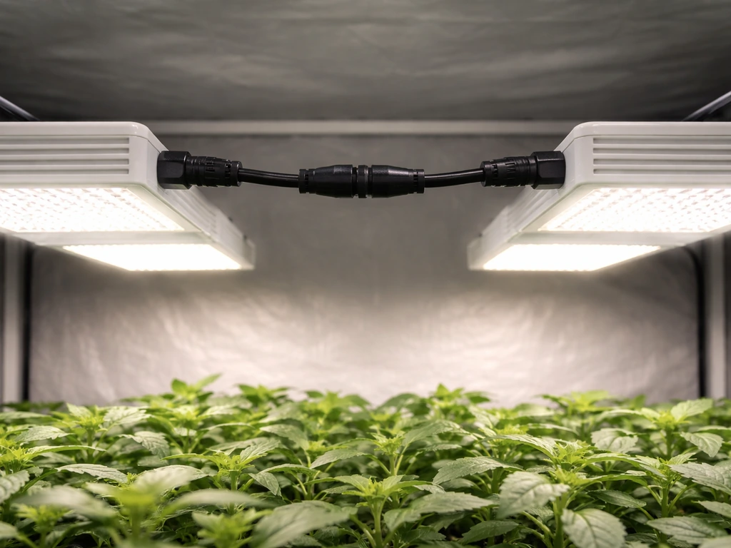 Two daisy-chained LED grow light fixtures connected over a small indoor grow canopy, showing safe cable connections.