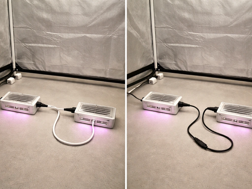 Two grow lights showing a neat chained connection versus an unsafe improper power-cord connection.