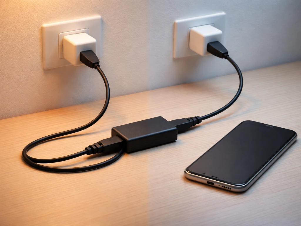 Close-up of a smartphone on a desk beside a simple daisy-chained power connector, in warm office light
