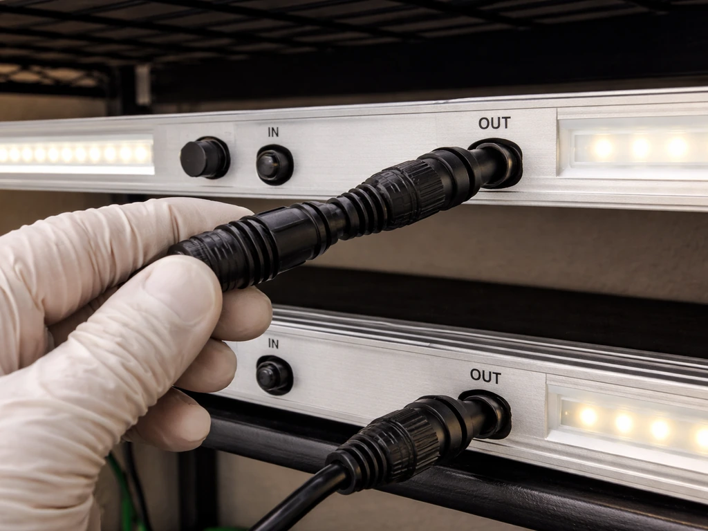 Hands connecting LED grow light In/Out ports with approved cables between two fixtures.