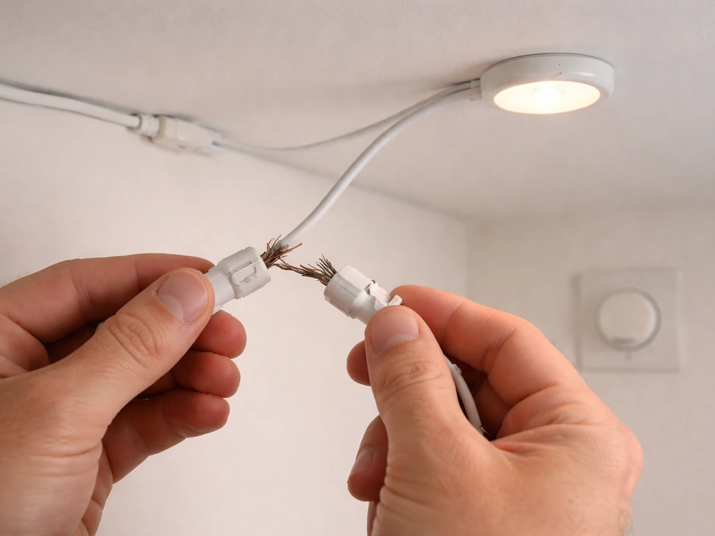 Electrician hands inspecting daisy-chain LED connector and frayed cable; one fixture glows, one is off.