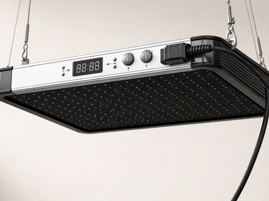 Unlit close-up of an LED grow light fixture with visible control area and power connector, showing it isn’t working.