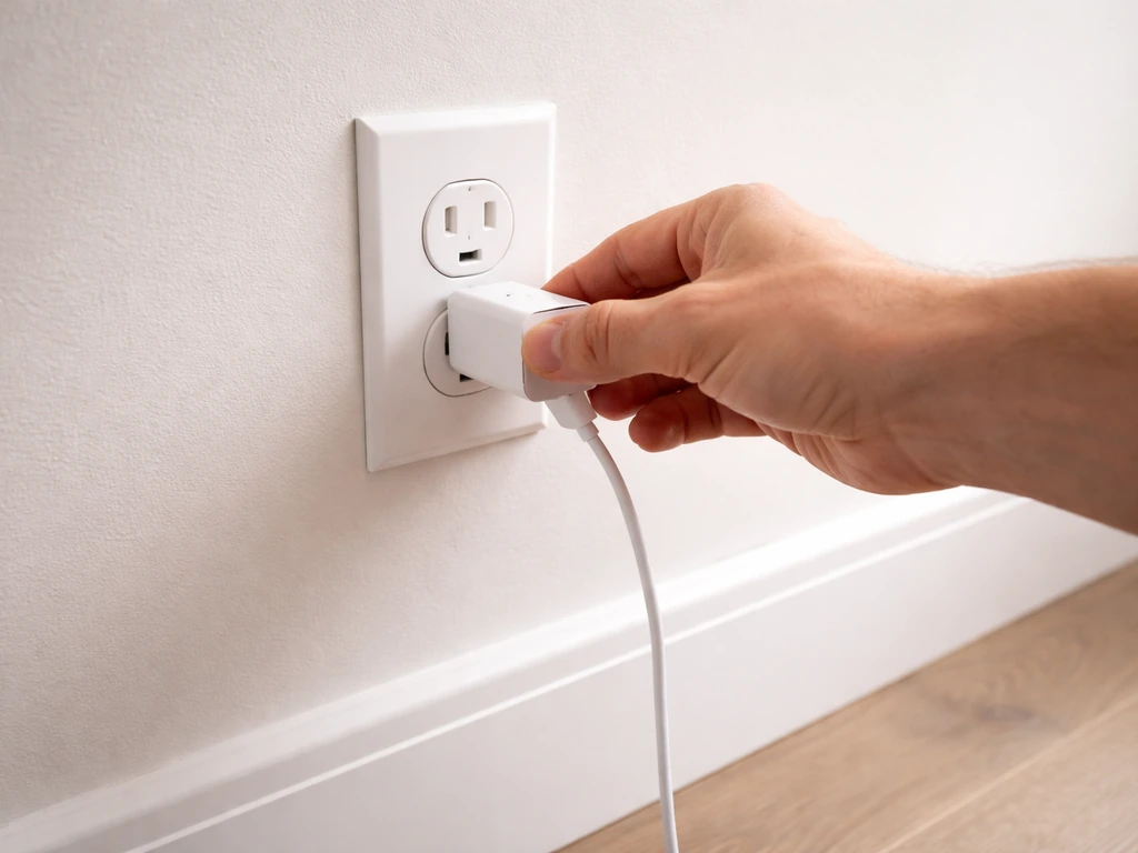 Hand plugging a phone charger into a wall outlet to confirm the power works