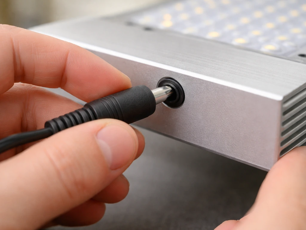 Close-up of a DC barrel connector being pushed fully into a grow light’s input port.