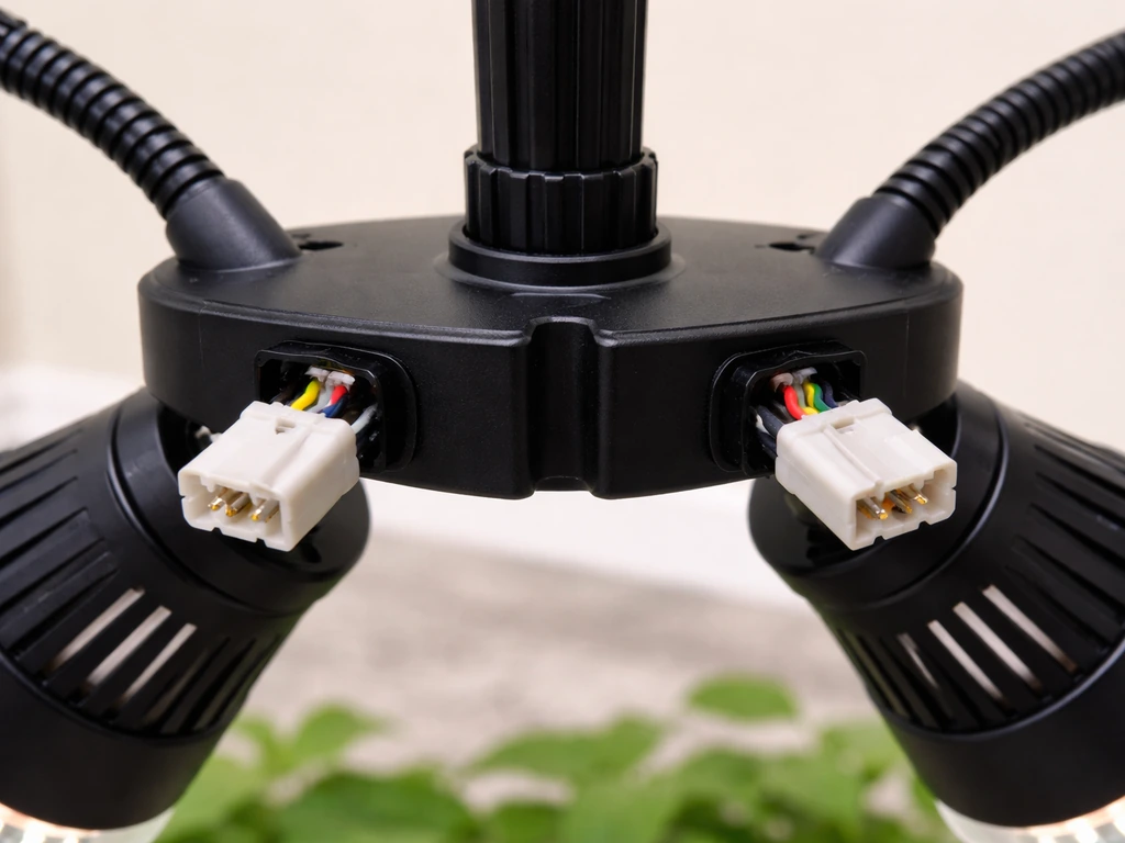 Close-up of a multi-head grow light showing cable and connector points between the center body and lamp heads.