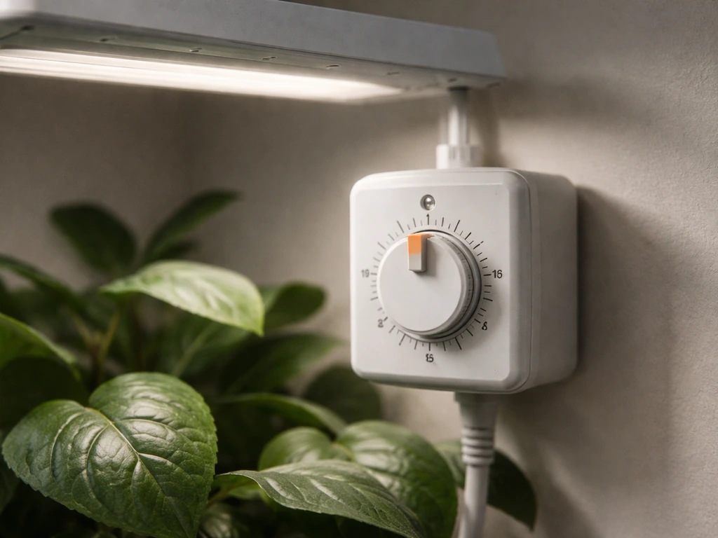 Close-up of a grow light timer dial set to 3H, with the grow light off after its cycle