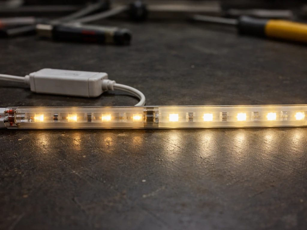 LED strip on a workbench showing flickering dim section next to a steady brighter section.