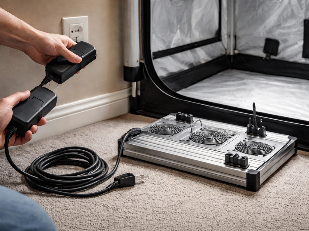 Hands unplug a grow light power adapter and hold a known-good adapter near the fixture