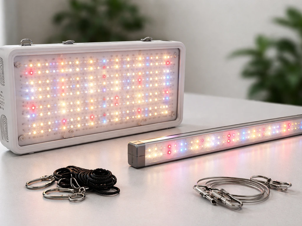 Two LED grow light fixtures, full-spectrum panel and smaller bar, laid out side-by-side on a table.