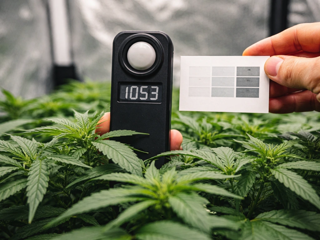 Handheld PAR/PPFD meter over plant canopy with a small numeric display; simple blank conversion card nearby.