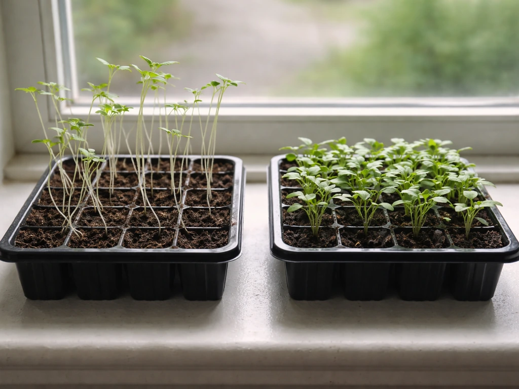 Side-by-side trays of seedlings: leggy, pale etiolated sprouts next to compact green seedlings under brighter light.