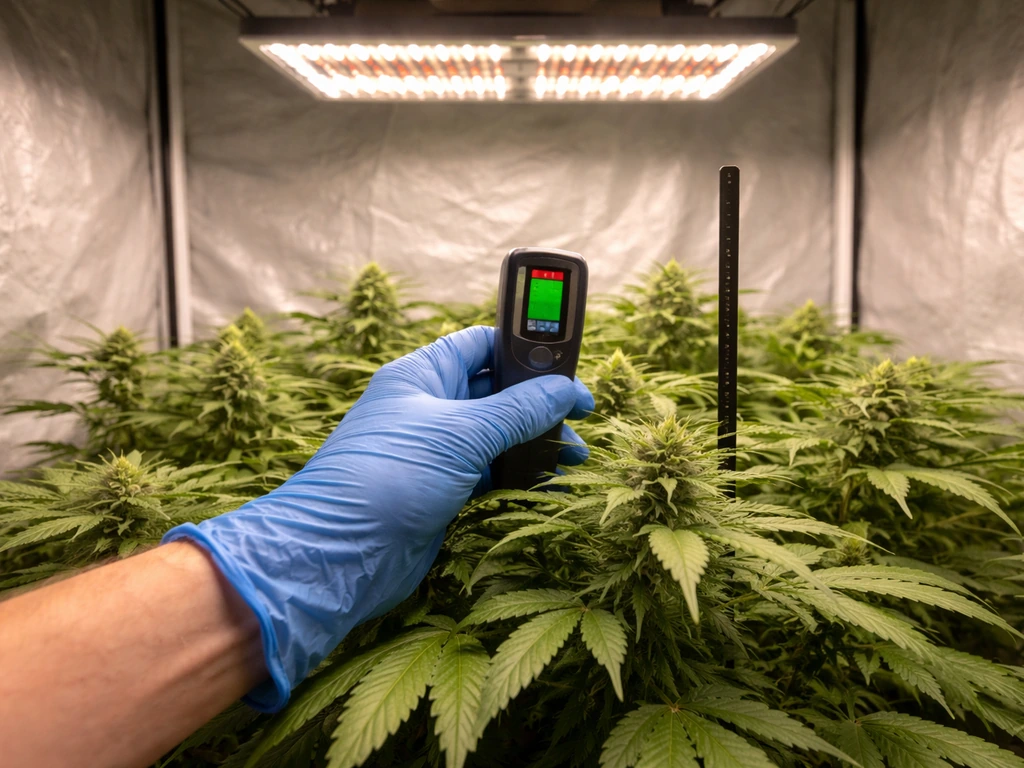 Gloved hand checks canopy heat near an LED fixture, with uneven plant growth and a distance reference stick.