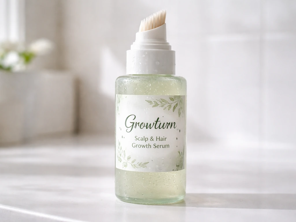 Close-up of a scalp serum bottle with a built-in brush applicator on a clean white counter.