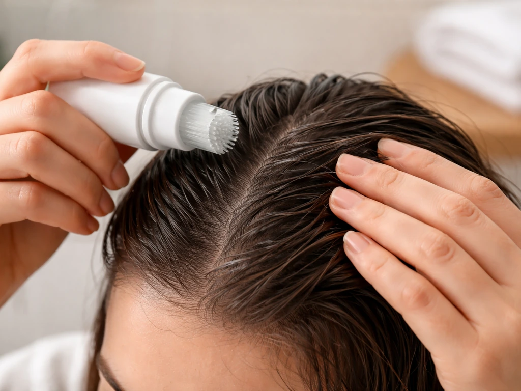 Hands using a brush applicator to apply serum to towel-dried damp scalp in a bathroom setting.