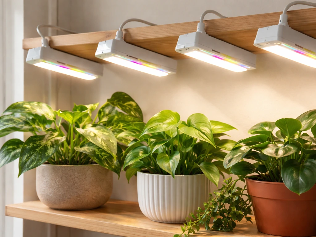 Full-spectrum LED grow lights on a simple indoor shelf beside potted houseplants.