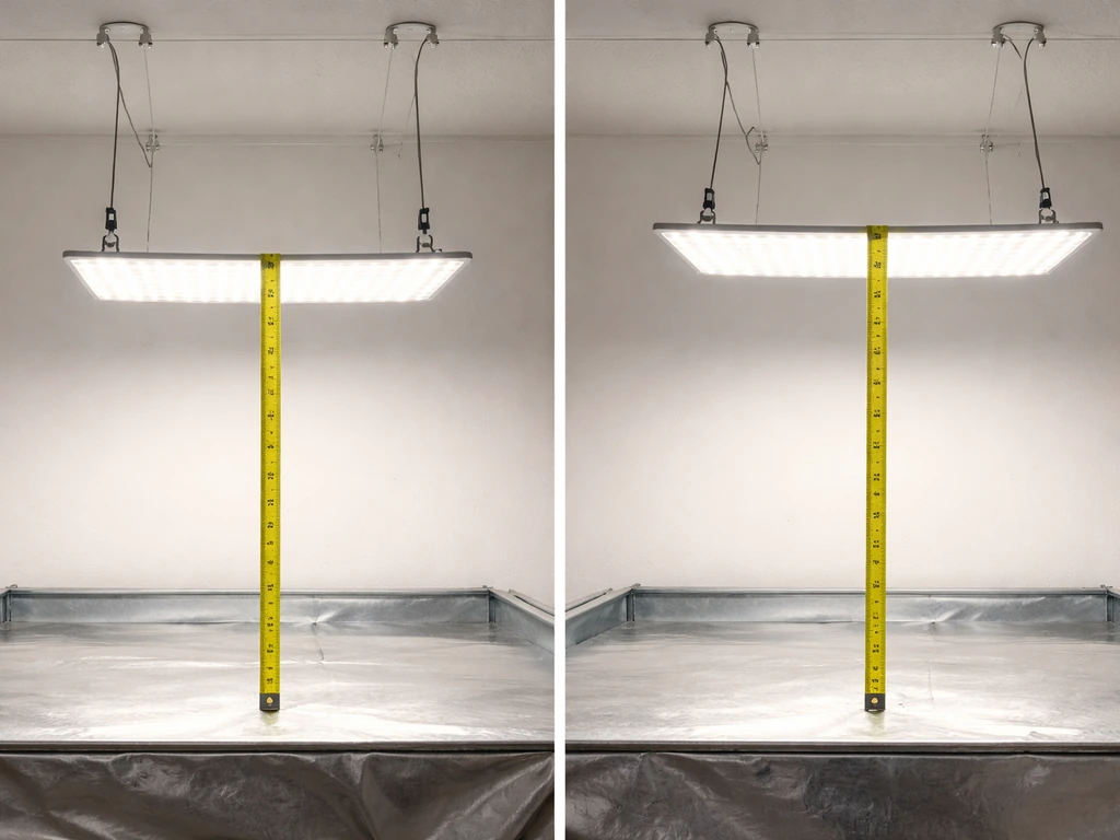 Ruler-measuring tape shows two distances between an LED panel and a canopy for light coverage