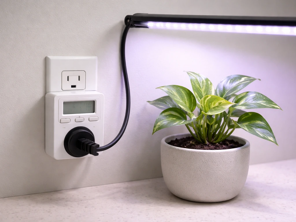 Outlet timer with grow light turned on, powering a small potted plant in a minimal indoor setup.