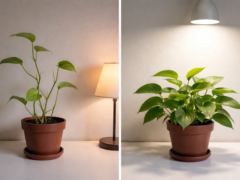 Split view of a leggy, pale plant under dim light versus a fuller, healthier plant under stronger light.