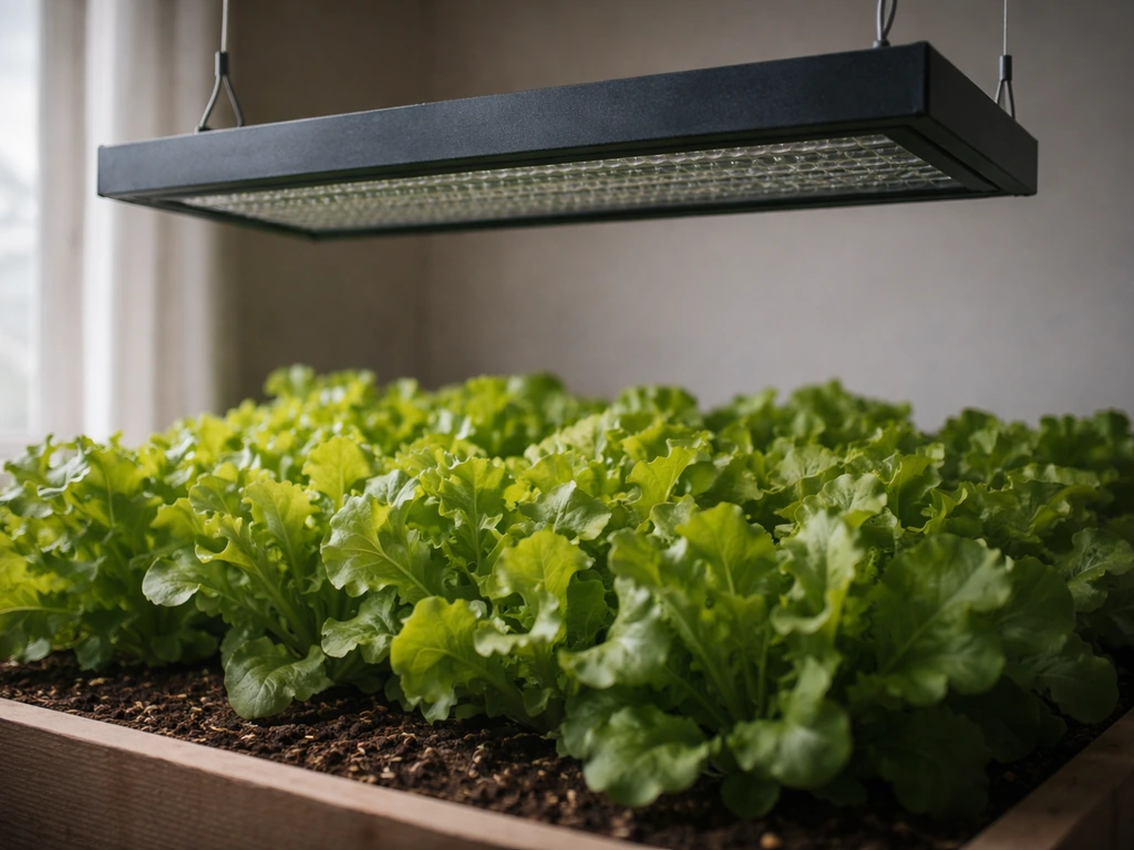 Off LED grow light hanging over a lettuce bed, indoor hydroponic setup showing lights not working.