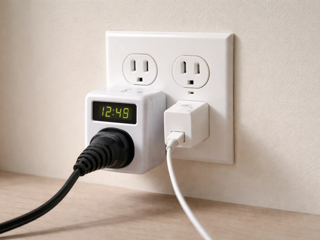 Plug-in grow light connected to an outlet with an inline timer showing, plus a phone charger as a quick test.