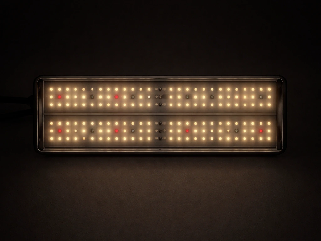 Dim room with an LED grow light on, showing dead/darker LED sections and non-emitting diodes.