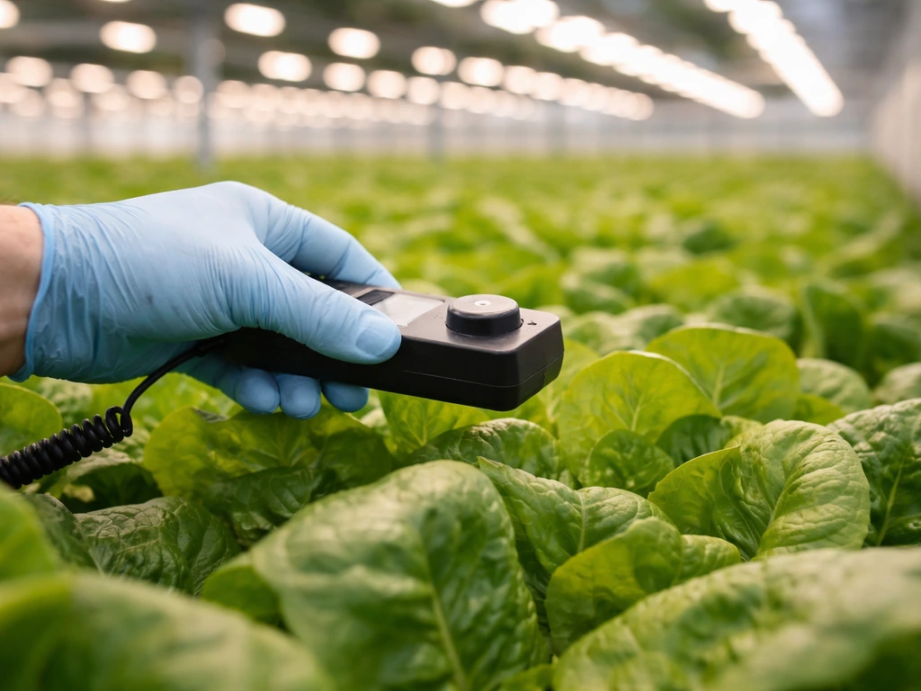 Gloved hand holding a PAR meter over lettuce canopy level under grow lights