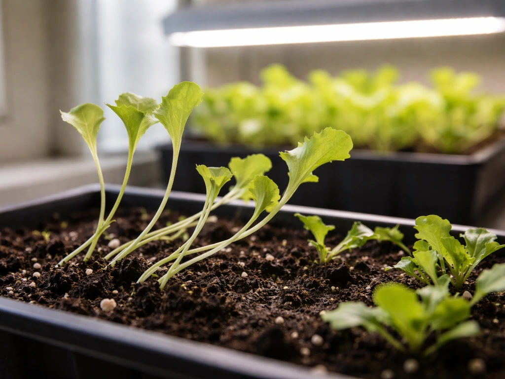 Leggy pale lettuce seedlings in the foreground with a correctly placed grow light blurred in the background.