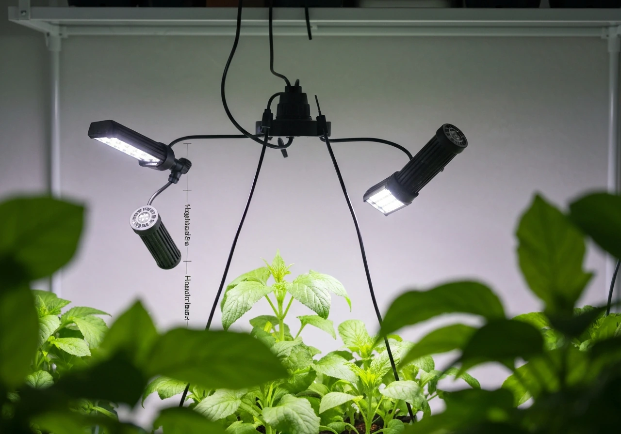 Lxyoug grow light hanging above seedlings, adjustable gooseneck heads aimed at the plant canopy.