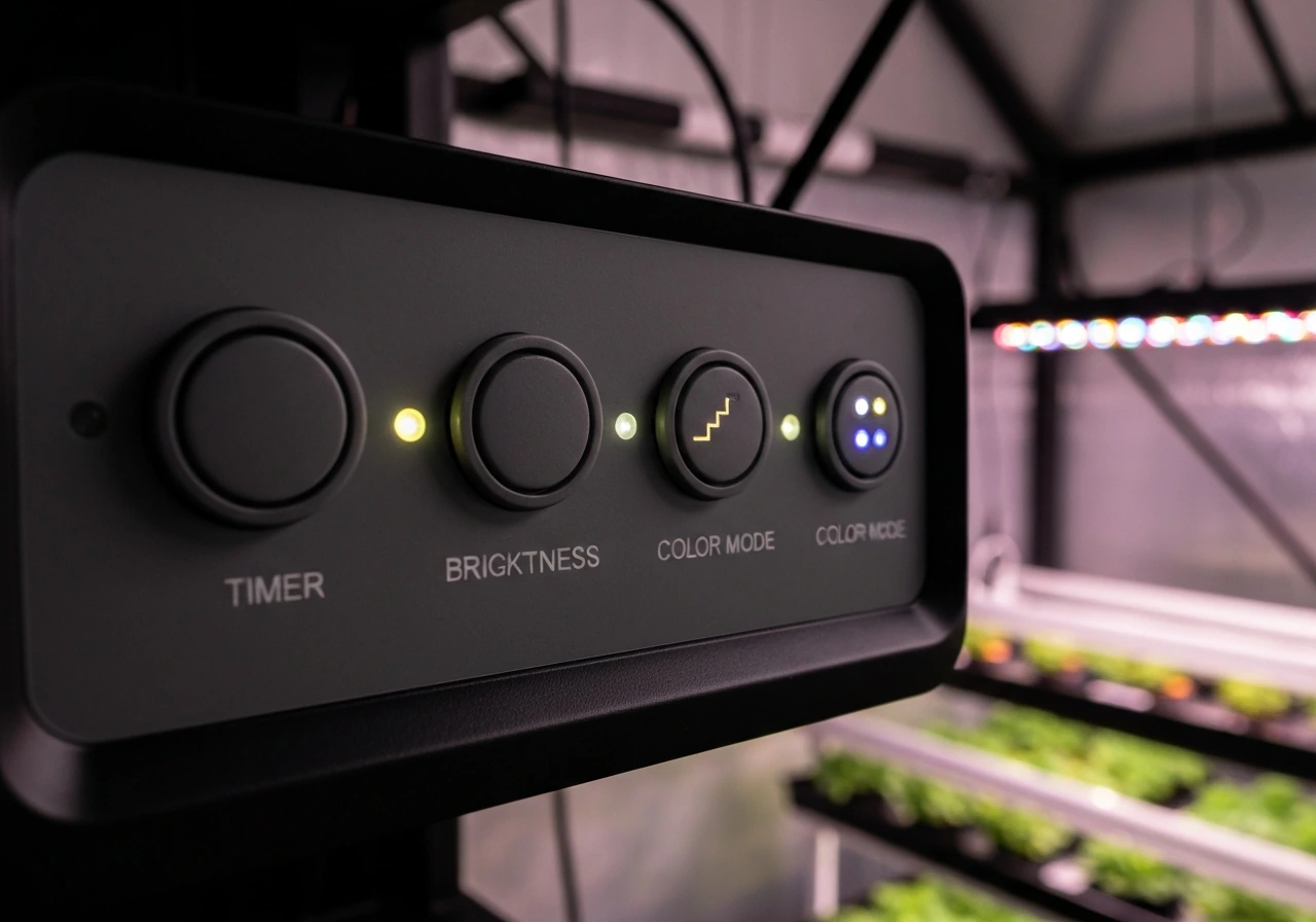 Close-up of grow light control buttons showing switch, timer, brightness, and color mode