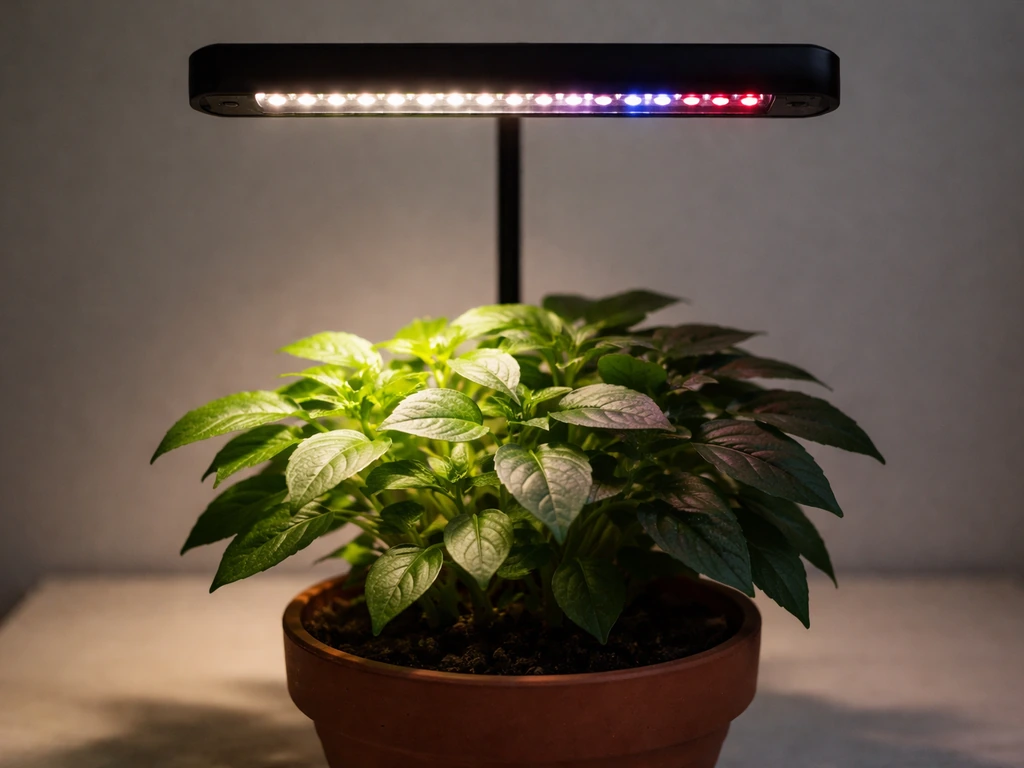 Half-lit plant canopy under an LED grow light showing visible brightness and color-mode difference.