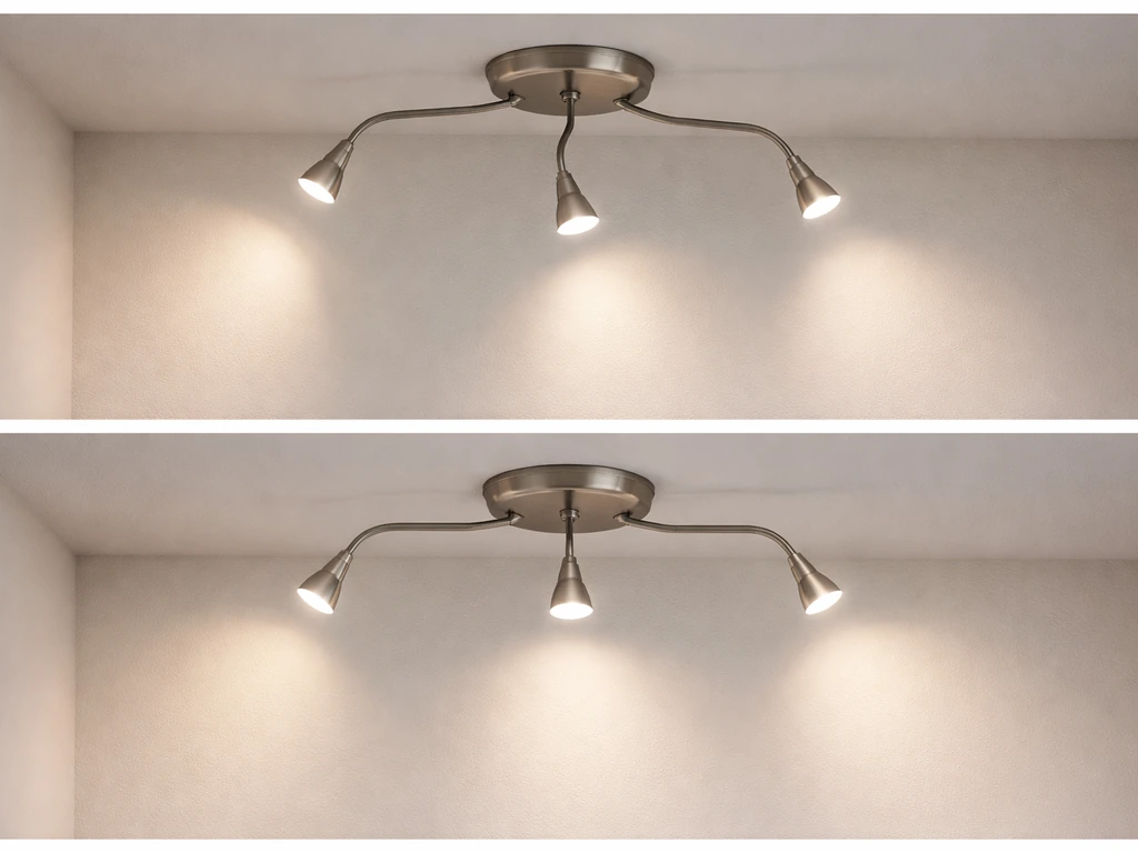 Ceiling light with gooseneck heads spread unevenly, causing bright hot spots on a plain wall.